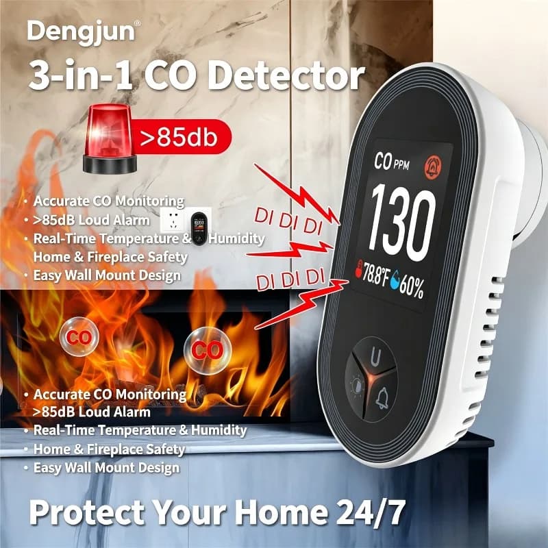 4‑in‑1 Gas CO Temperature Humidity Detector Plug‑in Carbon Monoxide Gas Leak Sensor Home Security Alarm for Kitchen Garage