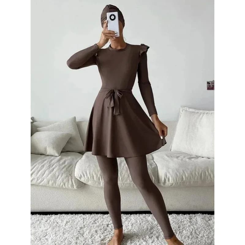 2024 Costumi da bagno musulmani Donna Modesto Solido Hijab Maniche lunghe Sport Costume da bagno Islamico Colorblock Collo alto Burkini Costume da bagno H5461