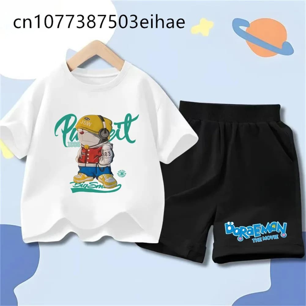 Cute Doraemon Cartoon Print T-Shirt Shorts 2Pcs Set Summer-Friendly Casual Wear Perfect Birthday Present For Toddler Boys Girls