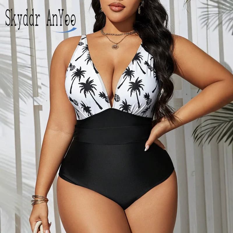 Costume da bagno intero taglie forti da donna 2025 Costume da bagno con scollo a V stampato con controllo della pancia Monokini