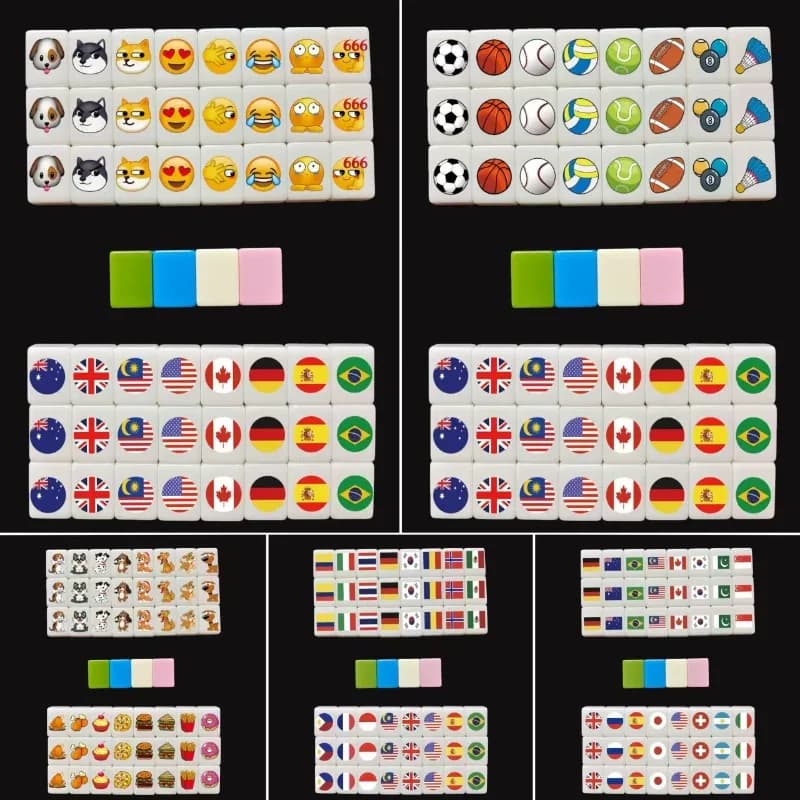Mini Gioco da Tavolo Mahjong 'Escape al Mare' Tiktok, 24mm, 48 Tessere Mahjong con Motivi Multi-stile, Giocattoli a Tema Bandiera, Palla, Battaglia, Chee Chess