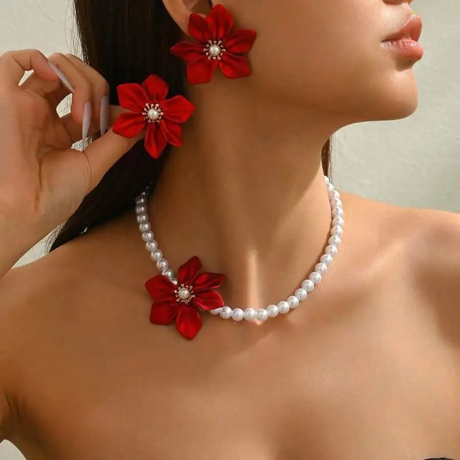 3pcs Elegant Necklace + Earrings Jewelry Set, Romantic French Palace Style, Faux Pearl, 3D Red Woven Acrylic Flower Design, Suit