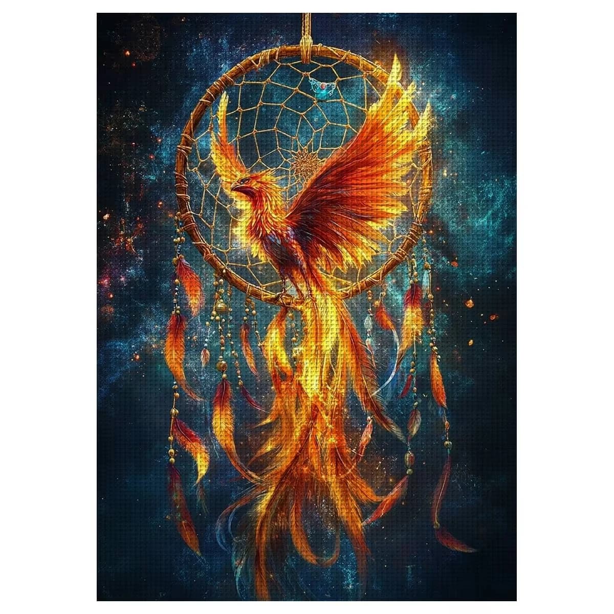 DIY Phoenix Dreamcatcher Diamond Painting, Fiery Golden Phoenix Feather Dream Catcher Dark Galaxy Fantasy Wall Decor Gift