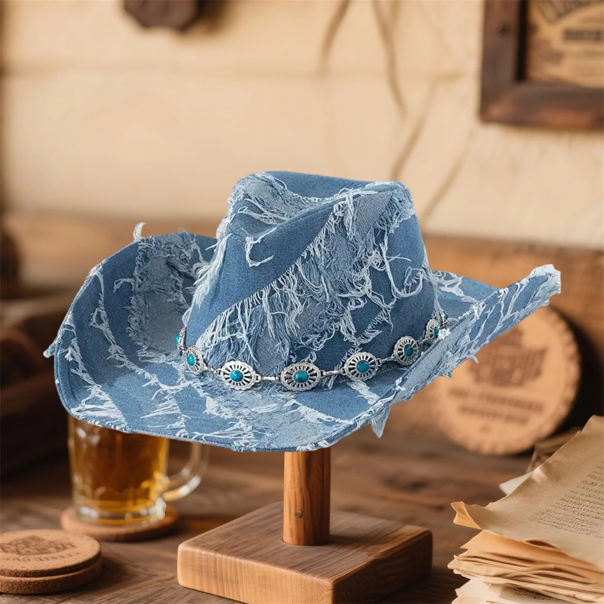 Cappello da cowgirl in denim stile vintage con abbellimento della testa di toro e tesa larga da donna - Classico berretto Fedora western