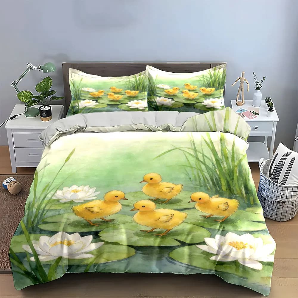 Set di biancheria da letto con copripiumino morbido e confortevole, decorazione a tema laghetto con anatroccoli, include 1 copripiumino e 2 federe, idea regalo