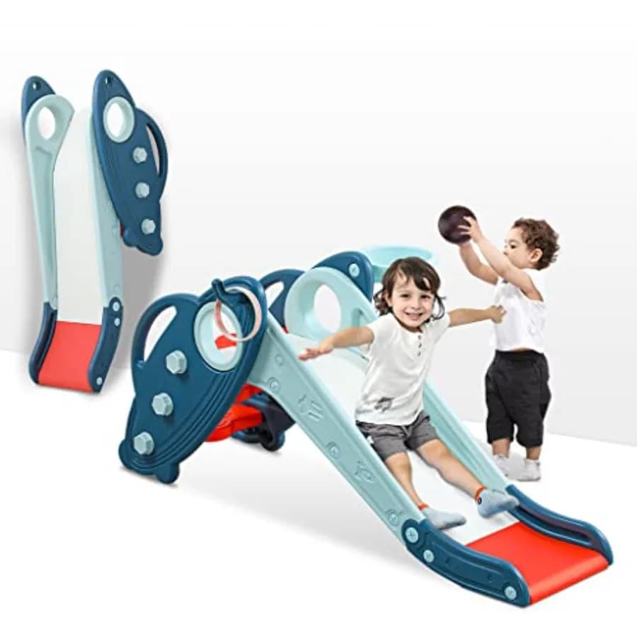 Scivolo per Bambini 1-3 Anni, Scivolo in Plastica per Interni ed Esterni, Set da Gioco Autoportante con Canestro da Basket e Gioco dell'Anello