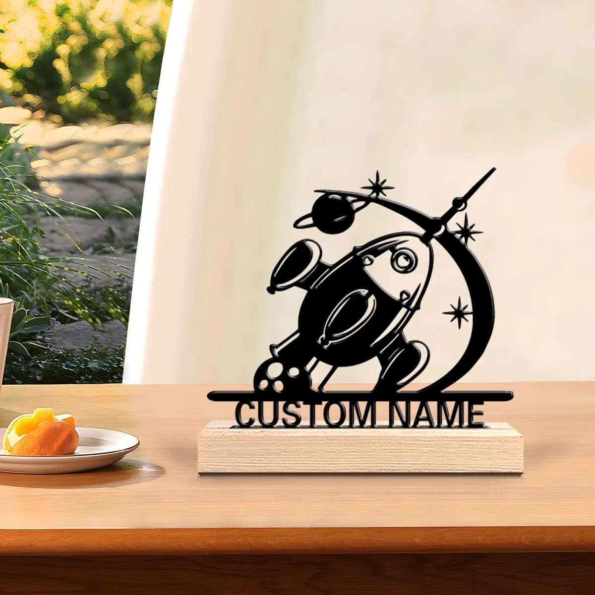 1pc Desktop Metal Ornaments Custom Content With Wooden Base Housewarming Gift,Metal Ornament Decoration