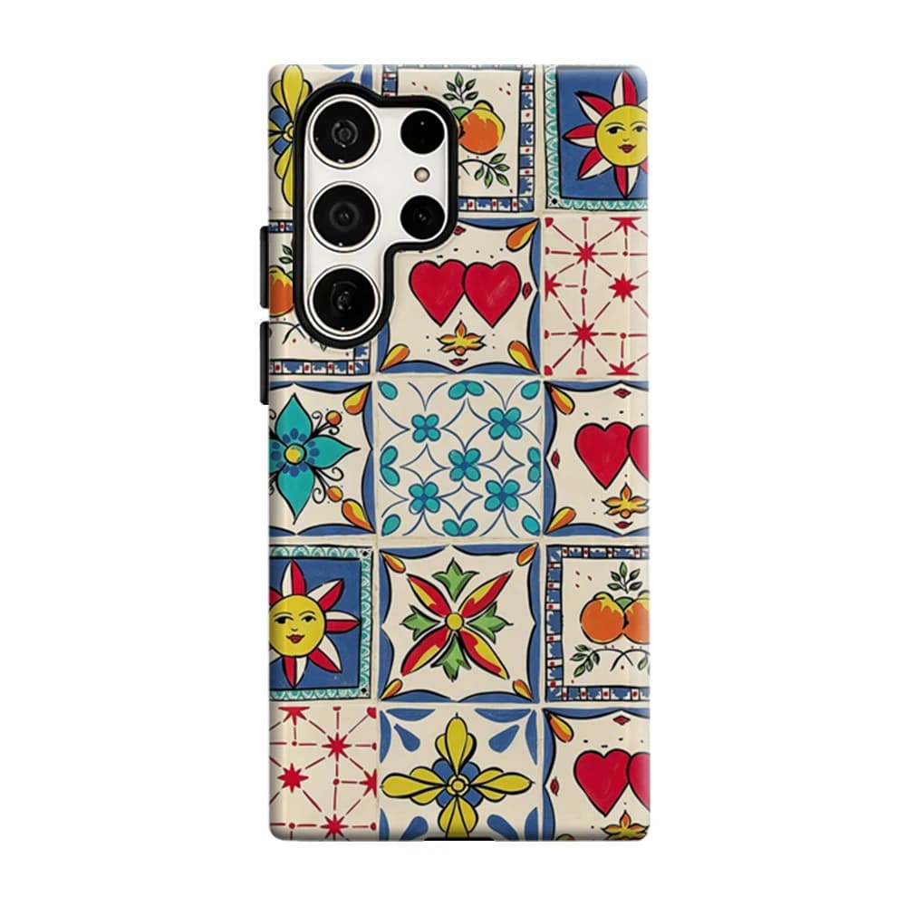 Colorful Tile Sun Heart Phone Case For Samsung Galaxy S25 S26 Ultra S24 S23 Plus Shockproof Double Layer Tough Back Cover
