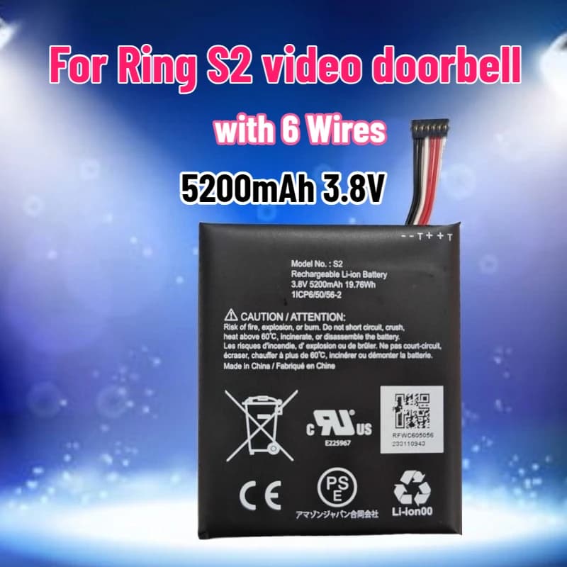 Nuova Batteria di Ricambio S2 da 5200mAh 3.8V per Videocitofono Ring S2 di Seconda Generazione con 6 Fili