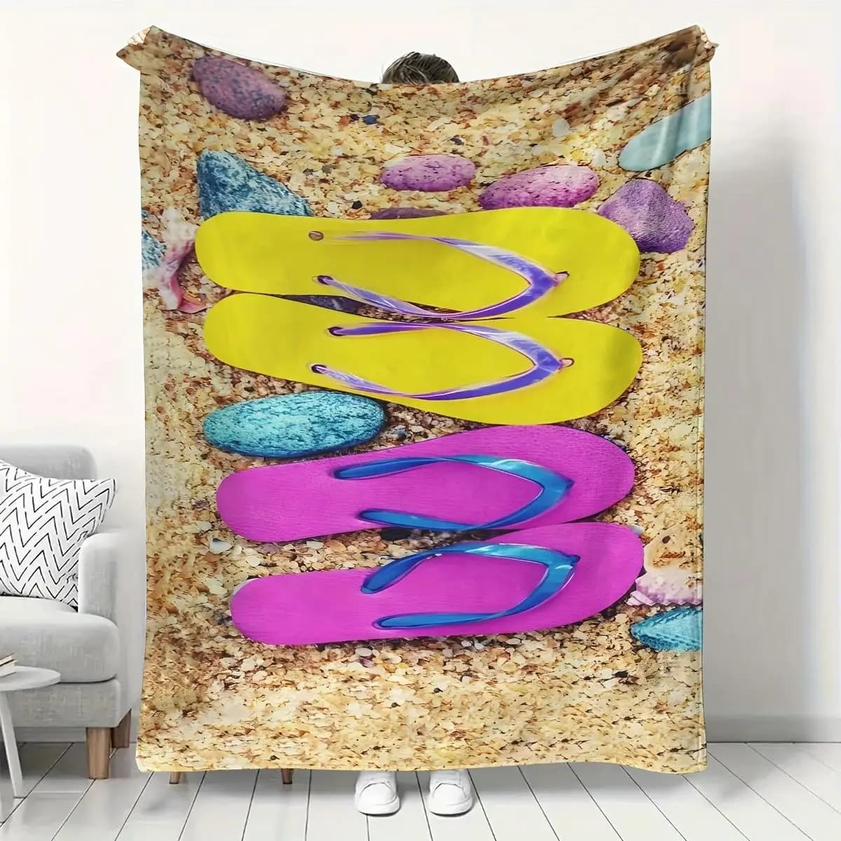 Beach of Vitality Theme Flannel printed blanket suitable for all seasons suitable for living room office sofa and travel