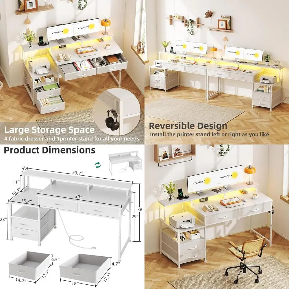 White Desk 53 to Double Surface with Current Grips, Monitor Support, Printer Floor, LED Lights - Ideal for Home Office, Gaming, Studio