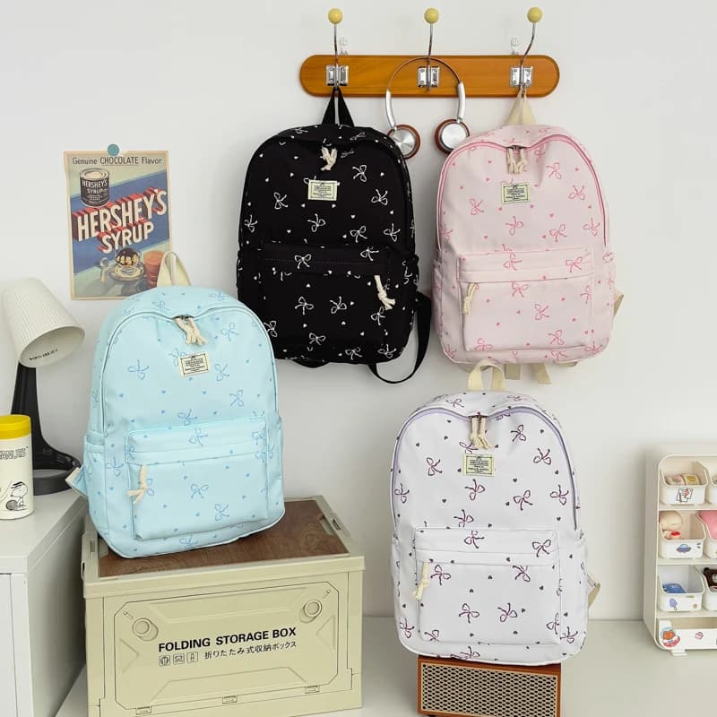 Sweet Fresh Brush Bow Printed Backpack Lightweight Large Capacity Multifunctional Student Backpack Campus Outdoor