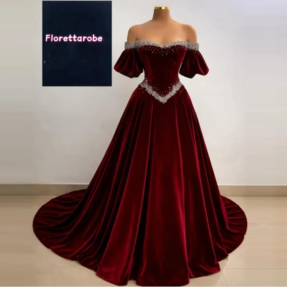 Customized Matching Exquisite VelourProm Gowns Pleat Rhinestone A-line Off-the-shoulder Long Dresses Evening Dresses
