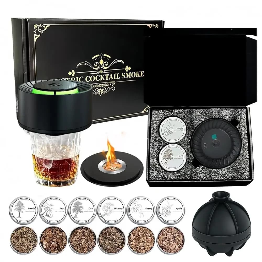 Kit Affumicatore Elettrico per Whisky, Senza Butano, Kit Affumicatore per Cocktail Ricaricabile con 6 Trucioli di Legno, Stampo per Ghiaccio Sferico, Old Fashioned