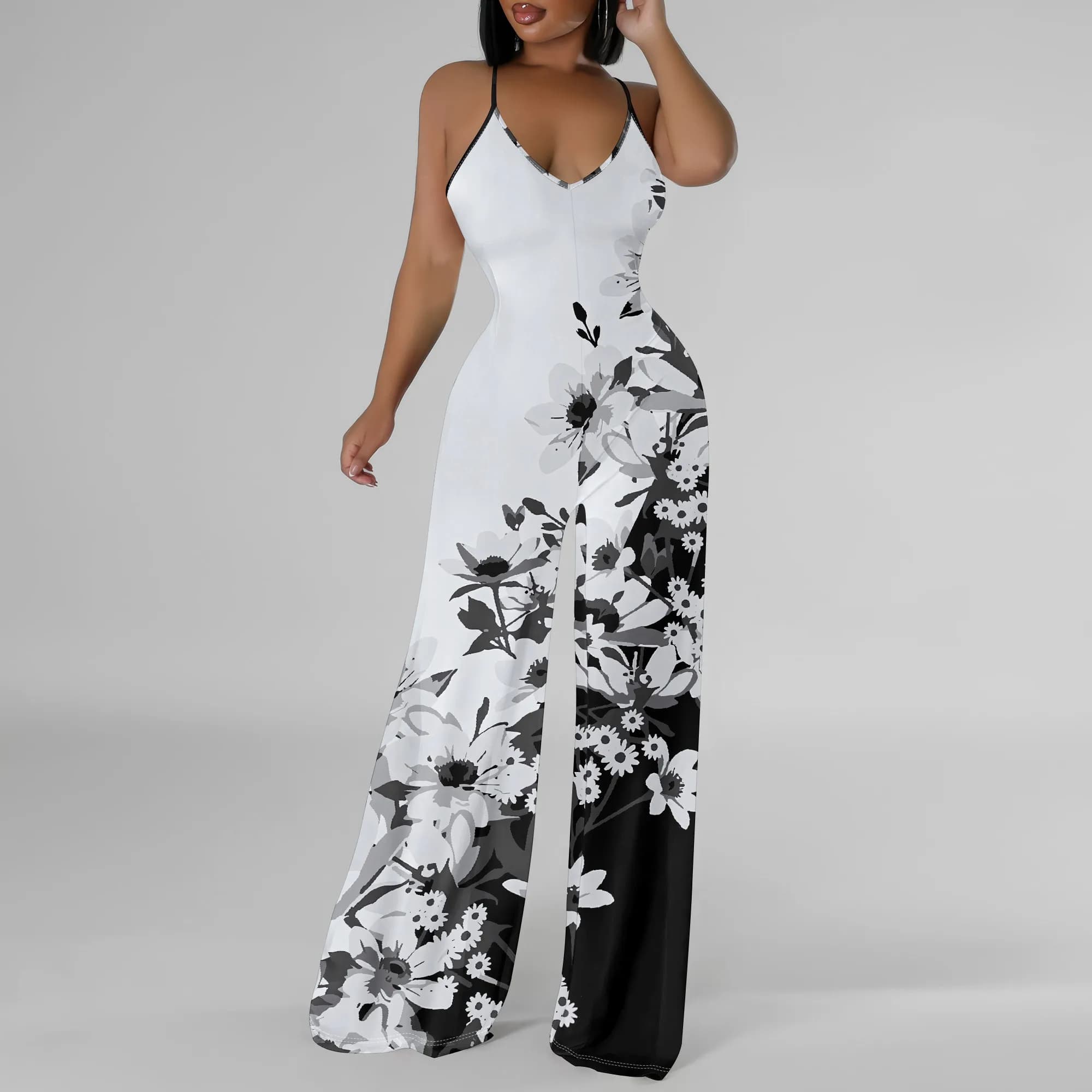 Tuta da donna con spalle scoperte, girocollo sexy, abito lungo ampio, orlo stampato, club party, casual, vacanza, pantaloni lunghi