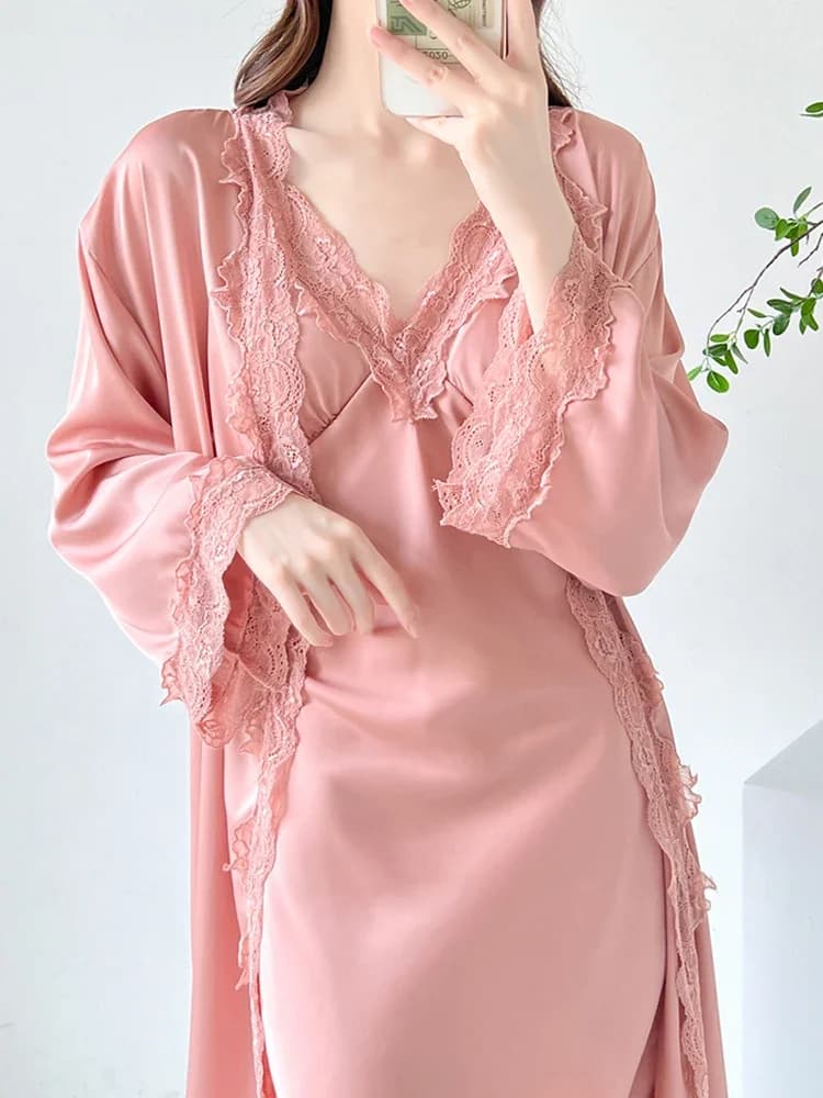 New Silk Pajama Strap Sleeping dress Lace Hollow Sleeping Robe Home Clothing Set Thin