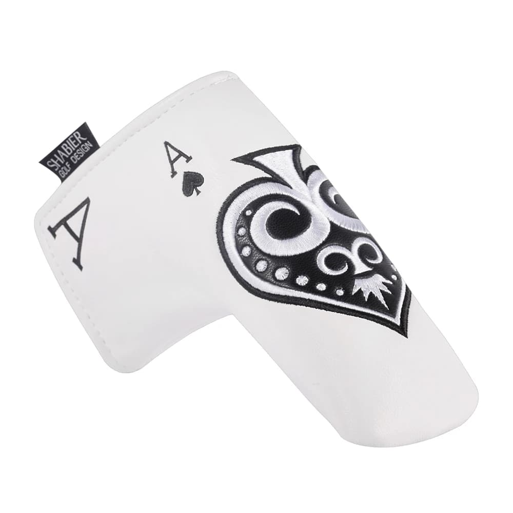 Copriputter con lama magnetica per copricapo da golf in pelle sintetica PU bianca con design Poker Ace of Spades