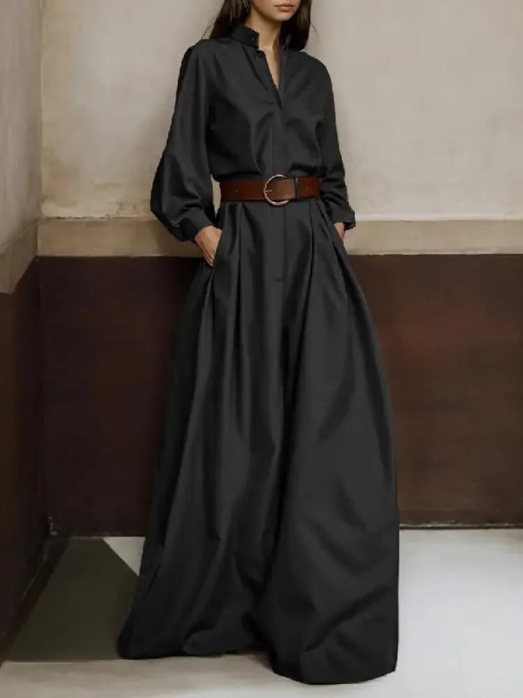 Tute da donna a maniche lunghe con colletto alla coreana e gamba larga, tasche larghe a vita alta, abiti interi da ufficio eleganti e casual, senza cintura