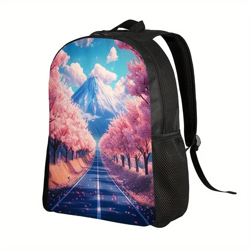 Japanese cherry blossom backpack - Pink floral design with Fuji mountain, adjustable shoulder strap, zip closure