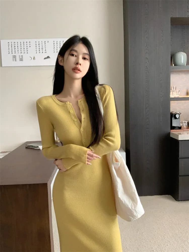 Retro American Street Style Slim Fit Long Dress Women's Early Autumn Knitted Single Button Dress Bodycon Skirt Korean Version