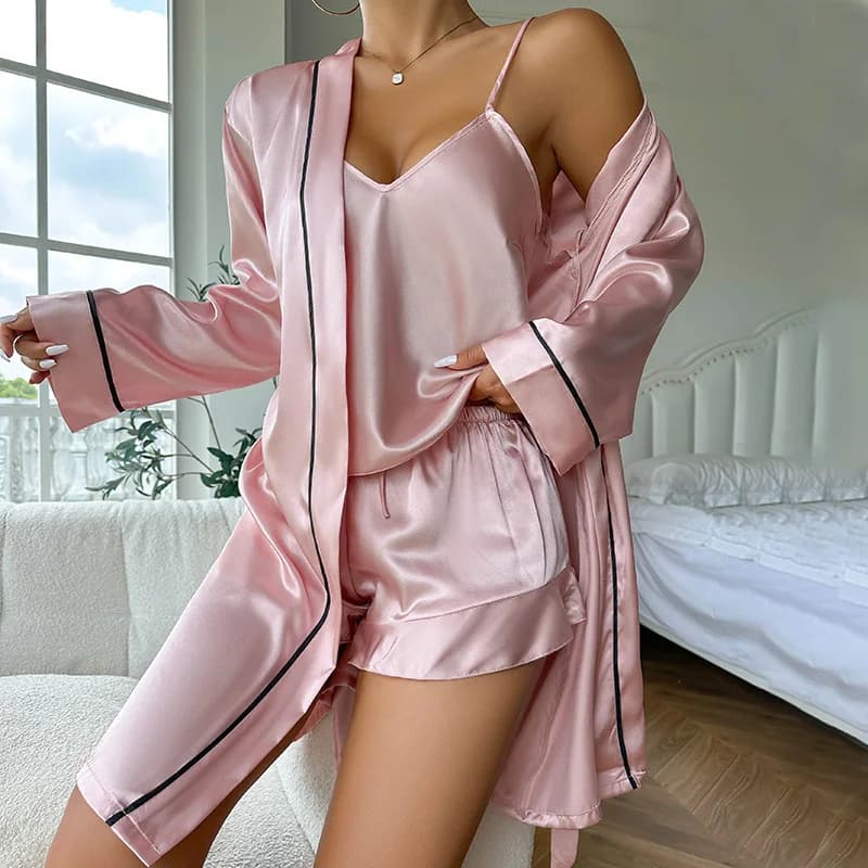 Pigiama sexy in seta di ghiaccio alla moda per donna Pantaloncini con bretelle di lusso Camicia da notte Set da tre pezzi Indumenti da notte comodi da indossare per la casa estivi