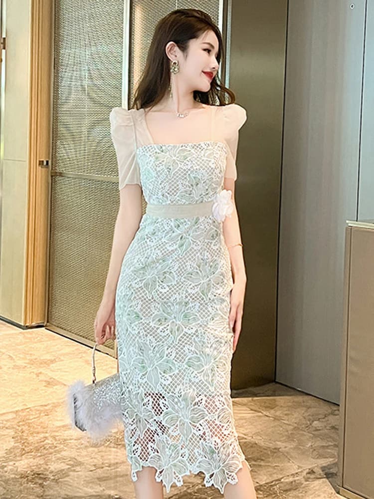 New Sexy Women's Summer Dress for formal occasions, Chic Dress with Square Neck, Slim Fit, Midi Length, for Party and Ceremonies