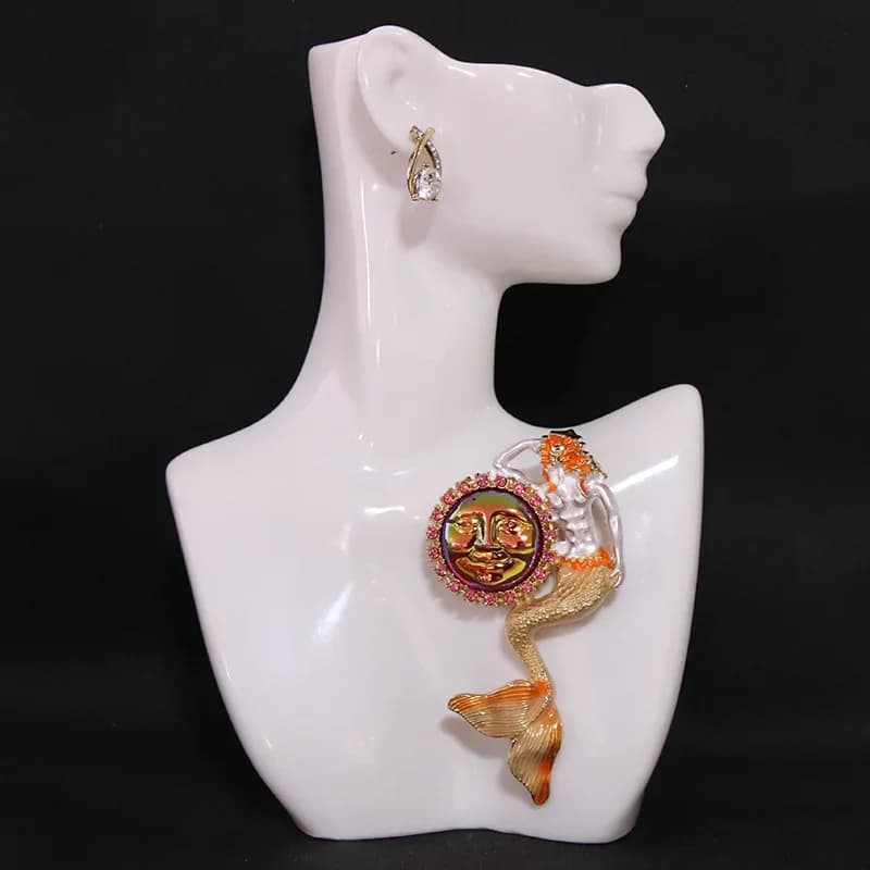 Mermaid & Moon Face Brooch, Enamel with Pink Rhinestone, Gold Plated Lapel Pin for Women Suit Scarf Jewelry Gift