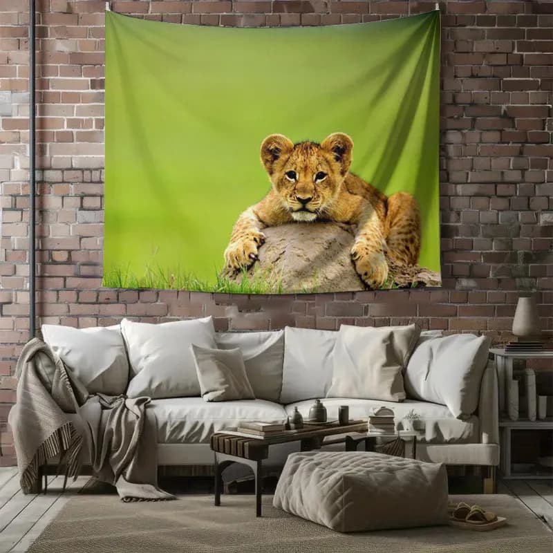 Adorable Lion Cub Resting on Rock with Green Background Wildlife Baby Animal Art Wall Tapestry Machine Washable All Season Home