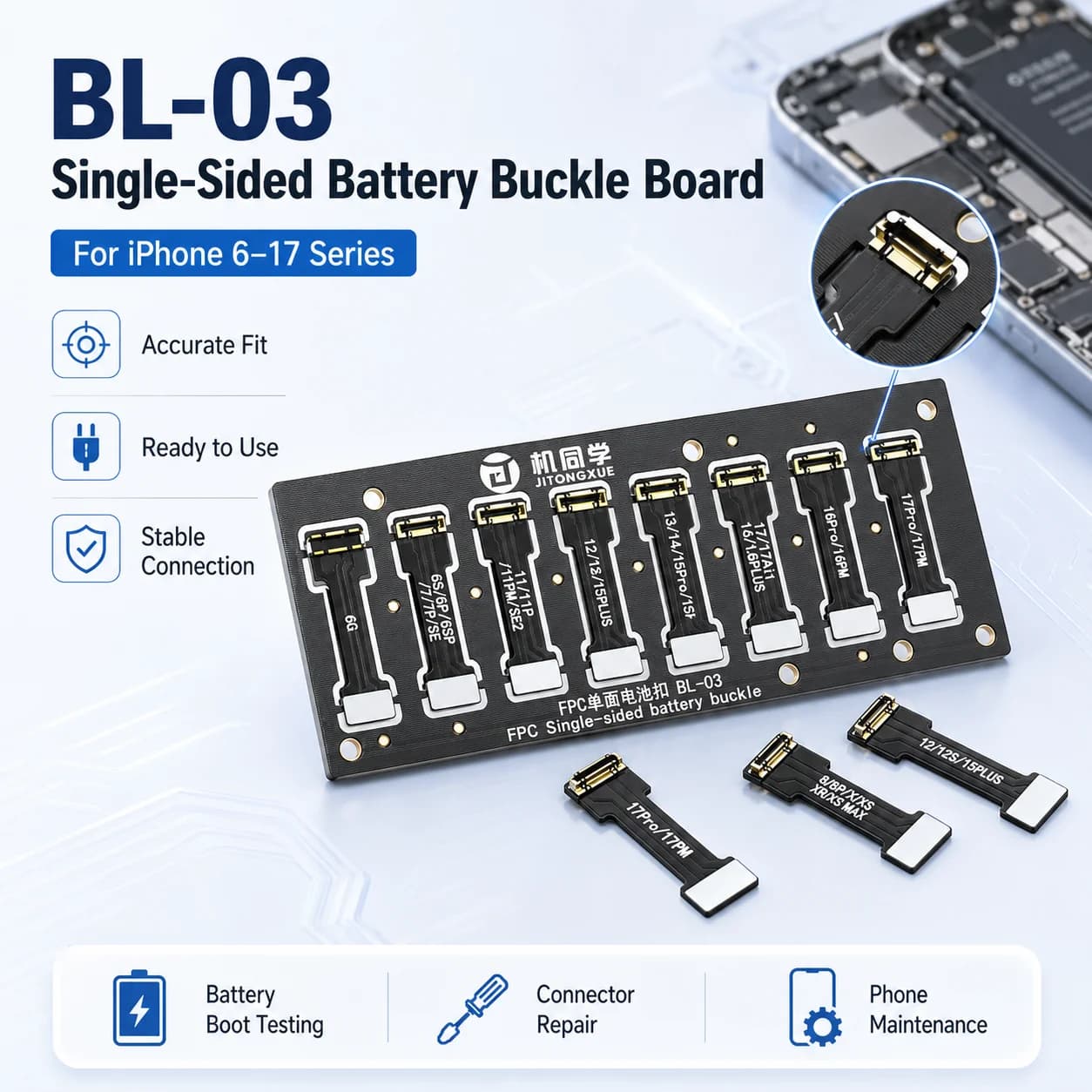 JTX BL-03 iP6-17 Pro Max Battery FPC Flex Cable Soft Power-On Connector Buckle Repair Tool Kit for iPhone Android Phone PCB