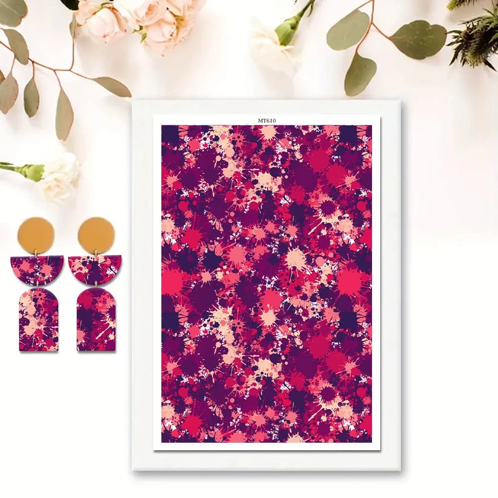 Carta per Trasferimento ad Acqua con Diamanti Iridescenti e Schizzi Magenta per Orecchini in Argilla Polimerica, Forniture per Creazione di Gioielli Fai-da-Te