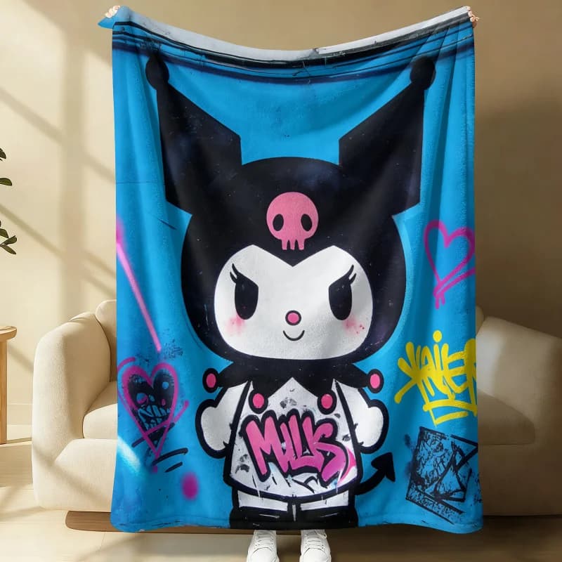 Coperta in flanella morbida Kuromi Sanrio, stile graffiti blu Kawaii, per ragazze e ragazzi, simpatica coperta anime edgy e accogliente per letto e divano