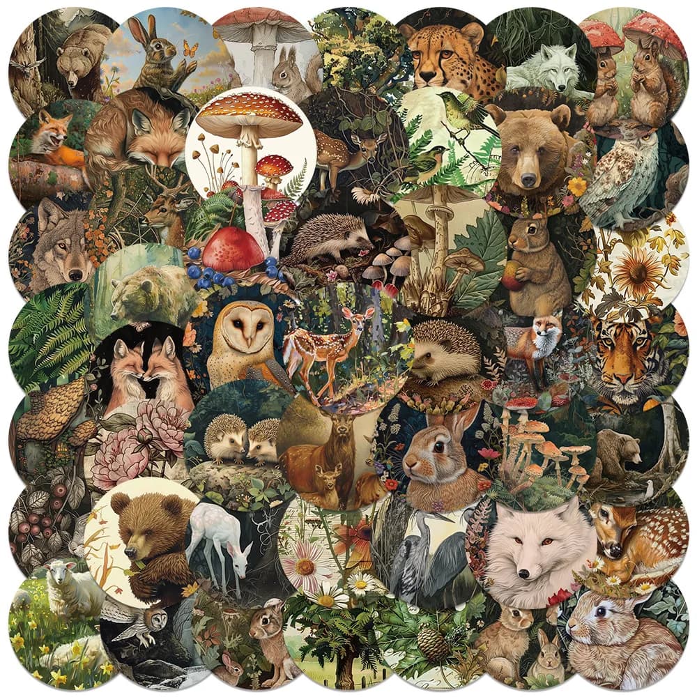 50 pezzi retrò cartone animato estetica piante forestali animali adesivi graffiti per laptop bottiglia d'acqua bagagli notebook decalcomanie
