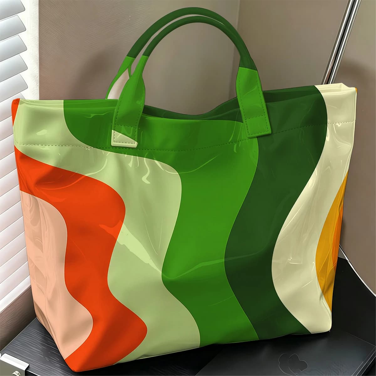 Retro Wave Cute Large Glossy PVC Tote Bag Hand Washable Lightweight Soft Great for Travel Commute Makeup Storage Handbags