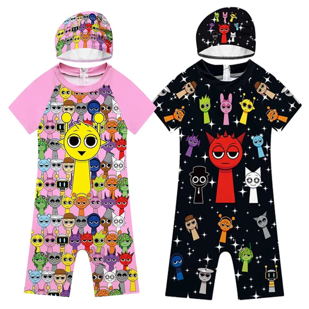 Summer Sprunki Plush Swimwear Kids Costume Toddler Baby One-piece Swimming Cap Bathing Suit Boys Girls Sprunki Print Beachwear