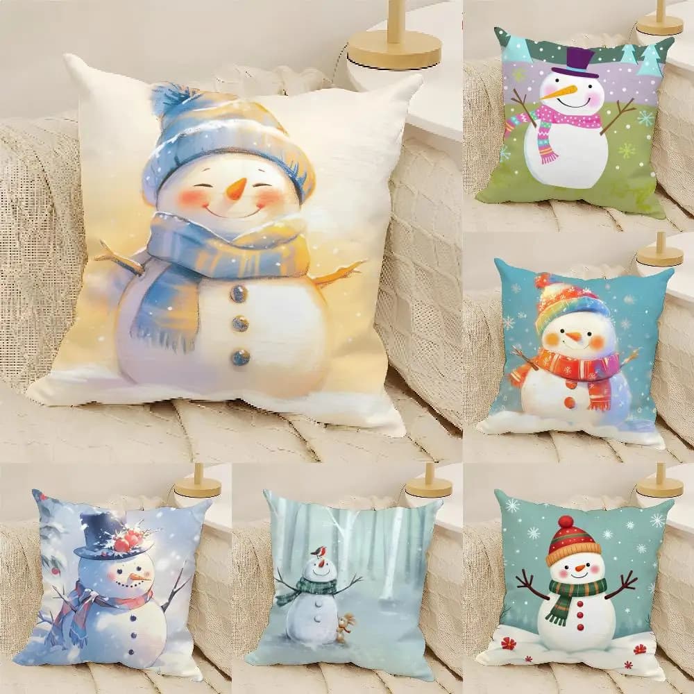 Cute Winter Snowman Cushion Cover Natural Linen Organic Fabric Double-Sided Printing Sofa Home Decor Gift Pillow Cover