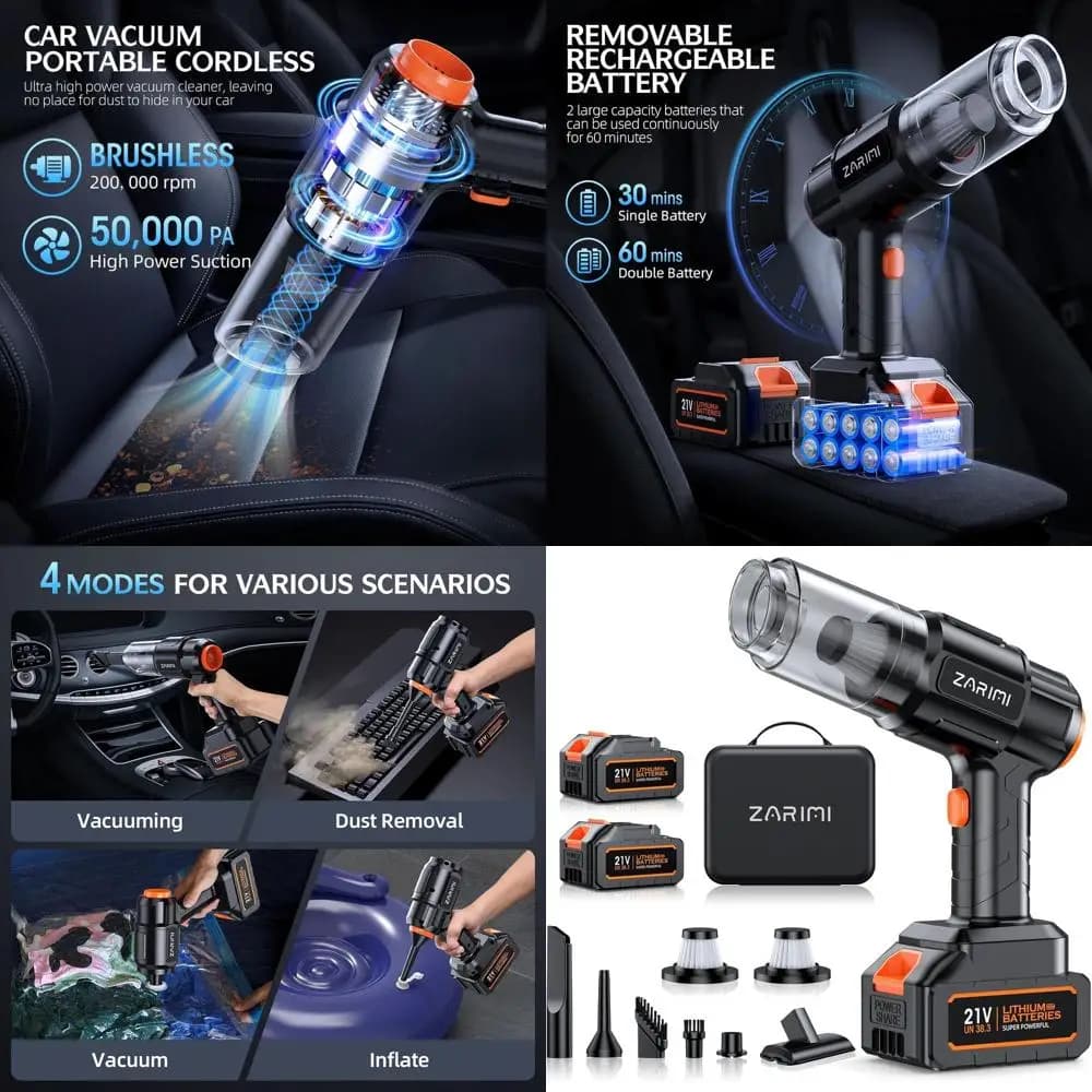 Aspirapolvere Senza Fili ad Alta Potenza 50000Pa, 2 Batterie Incluse, 6-in-1 per Casa, Auto, Peli di Animali, Nero Grafite