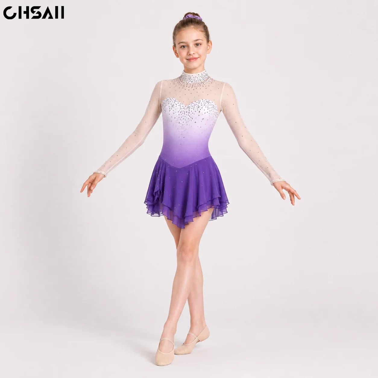 Girls Purple White Rhinestone Figure Skating Dress Long Sleeve Mesh Gradient Chiffon Skirt Competition Dance Costume Kids Outfit
