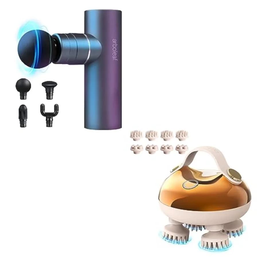 Arboleaf massage pill and scalp massager for domestic use, ABS+silicone black, silent, for deep tissue relief, with 6 interchangeable heads