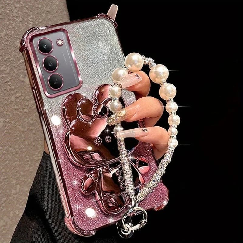 Custodia per Telefono con Supporto a Specchio a Forma di Coniglio e Braccialetto di Perle per Xiaomi Redmi 15 15C 14C 13C 12C 10 10C 9 9A 9C A5 A3, Cover Antiurto Glitterata