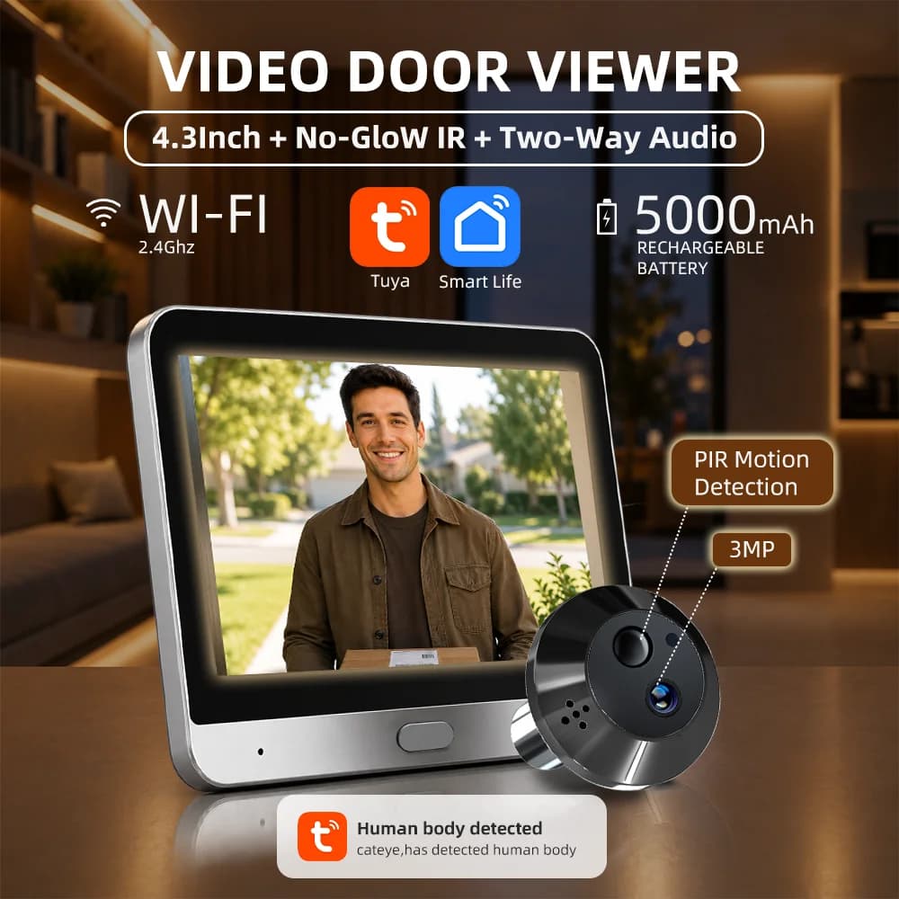 Two Way Audio MINI Tuya SmartLife APP 2.4G WIFI Video Door Peephole 4.3"Screen 3MP Security Home Digital Eye Camera Viewer