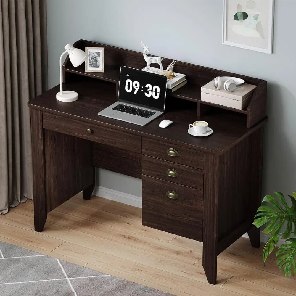 Small desk with drawers, wooden desk with monitor support, computer desk with drawer, small spaces, custom Espresso