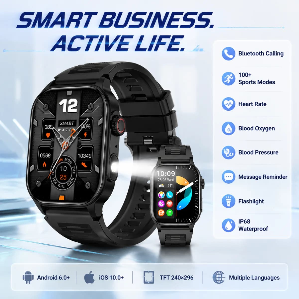 LIGE Men Smart Watch Flashlight IP68 Waterproof Watches Bluetooth Call 2.01'' Screen Health Monitor Outdoor Sport Smartwatch New