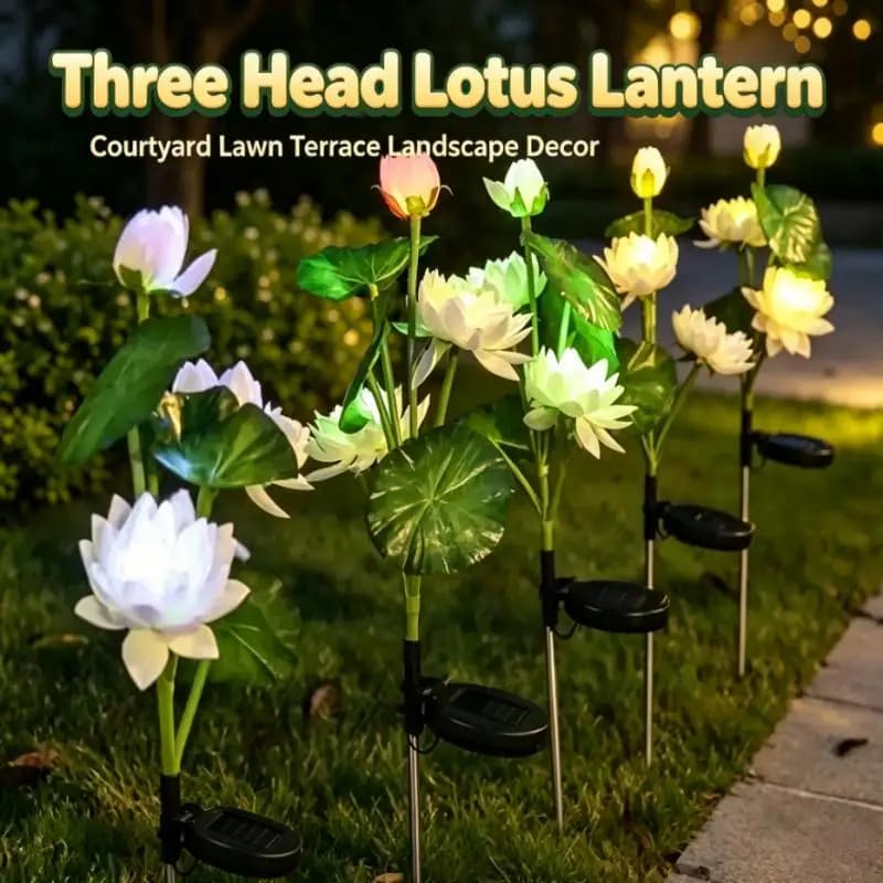 Solar Powered Lotus Flower Garden Lights LED Three Head Blossom Lamp Waterproof Outdoor Lawn Patio Landscape Decoration