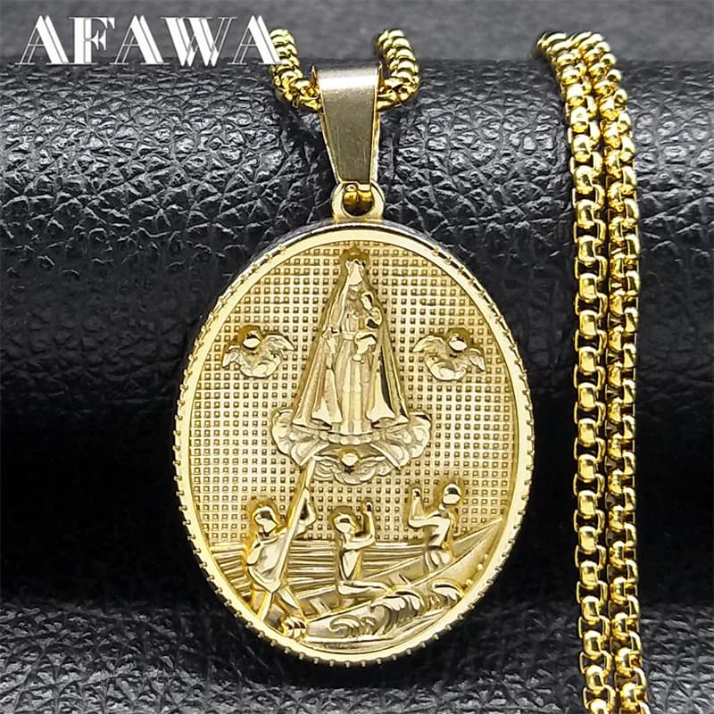 Catholic Virgin Mary Medal Pendant Necklace for Women Men Stainless Steel Gold Color Angle Holy Chain Jewelry collier NZZ462S02