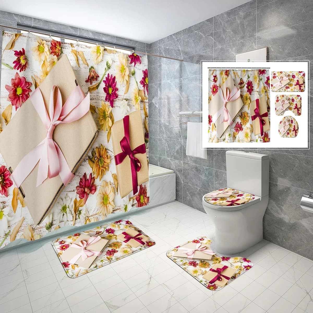 Set Regalo 4 Pezzi: Tenda Doccia a Tema con Tappetino Antiscivolo, Copriwater e Set Tenda Doccia Stile Regalo Festivo