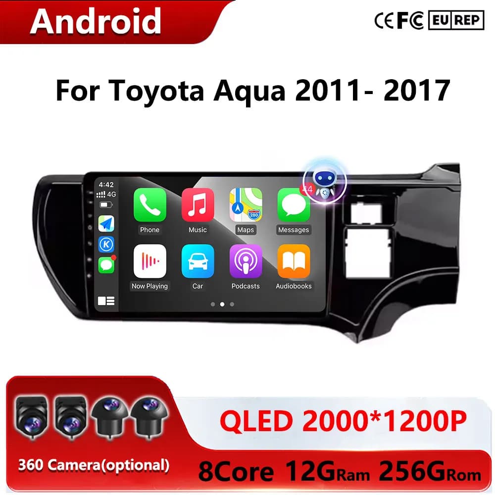 Android 15 Per Toyota Aqua 2011- 2017 Autoradio Lettore Multimediale di Navigazione GPS WiFi + 4G Bluetooth Video Carplay BT QLED Schermo