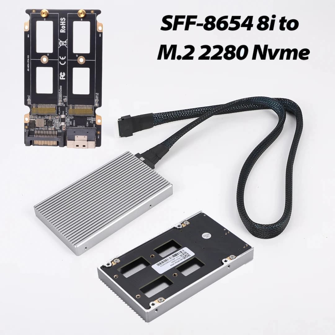 Scheda video esterna V100 SlimSAS SFF-8654 8i a 2 * M.2 2280 Nvme Adattatore 8654 Piastra base Server Scheda madre HDD Custodia dissipatore di calore