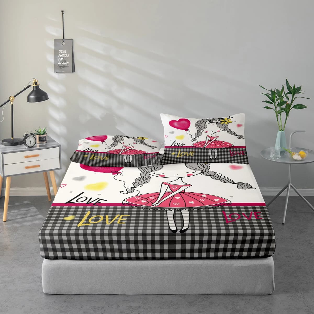 Set di lenzuola con stampa motivo ragazza carina, proteggi materasso e federa combinati, set di lenzuola stampate ad alta definizione include 1 lenzuolo con angoli + 1 o 2 federe (1 federa per 60*100cm e 1 o 2 federe per 72*132cm, il resto delle misure per 2 federe), adatto per camera da letto e stanza degli ospiti, biancheria da letto in poliestere ultra morbido, lavabile in lavatrice, utilizzabile in tutte le stagioni