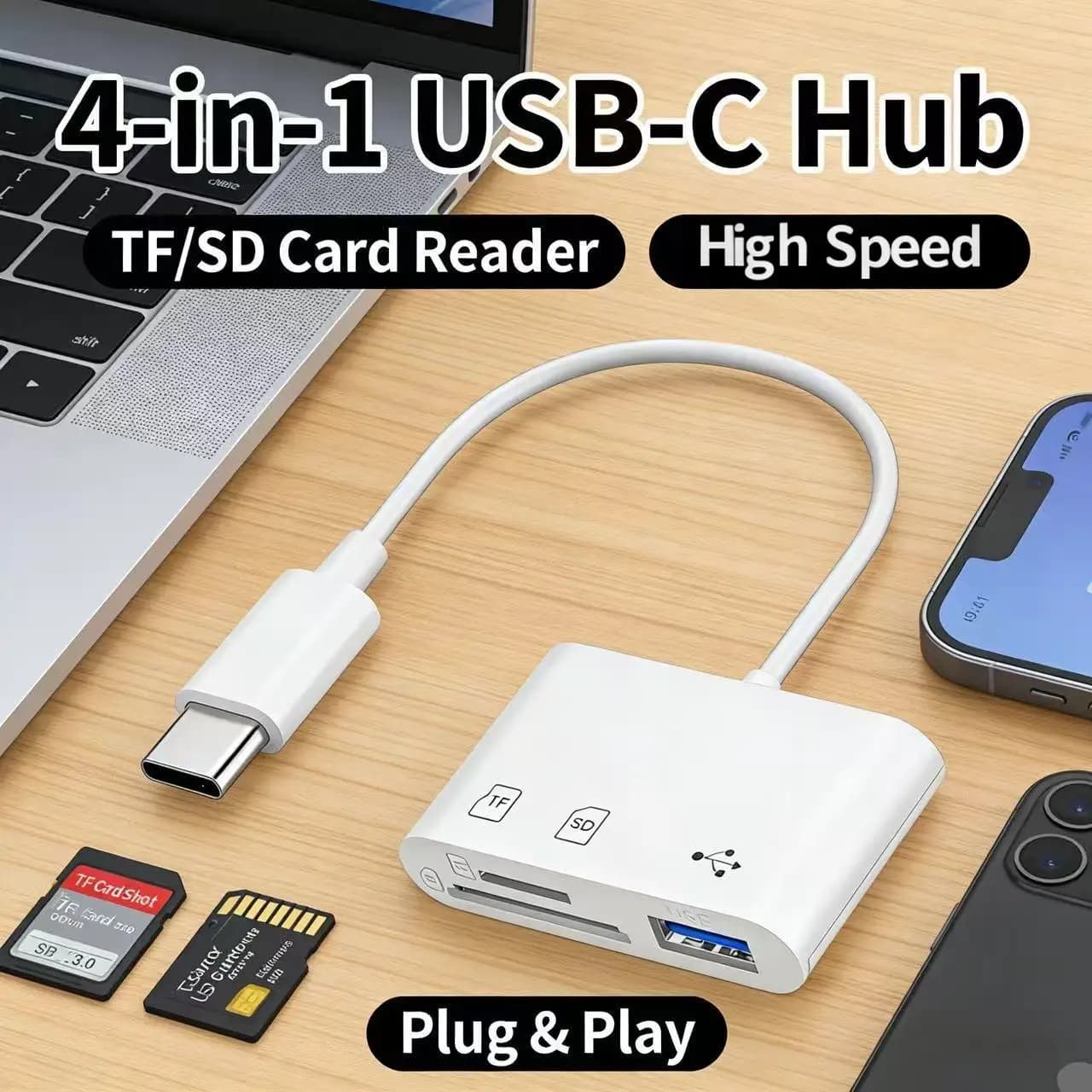 Lettore di Schede Multifunzione 4-in-1 Compatibile con Schede di Memoria TF/SD, Unità USB, Telefoni Cellulari, Computer, Fotocamere, Droni e Dispositivi Digitali