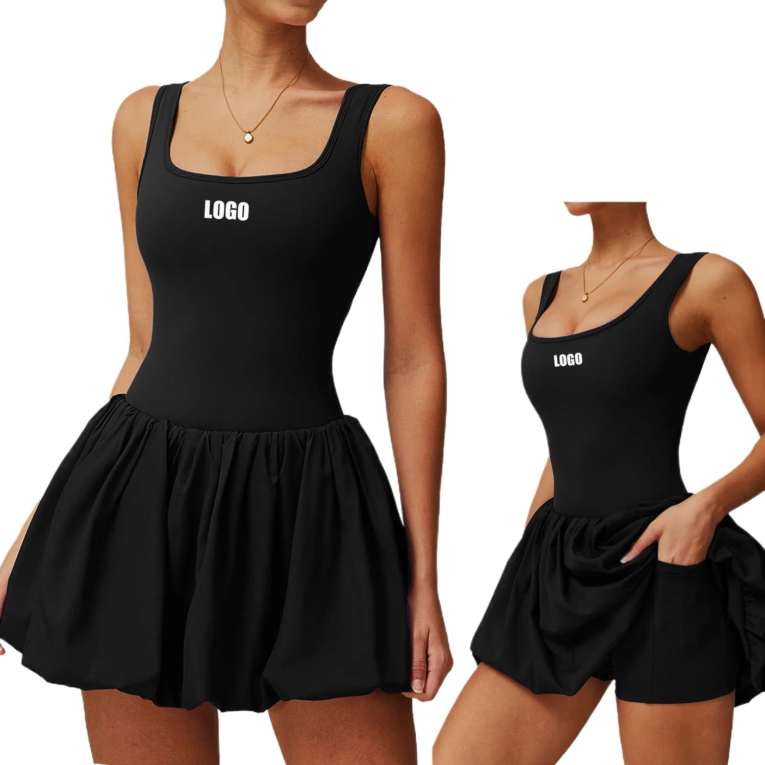 Abito sportivo da donna con LOGO personalizzato, effetto due pezzi, anti-trasparenza con tasche, gonna per corsa, fitness e tennis all'aperto